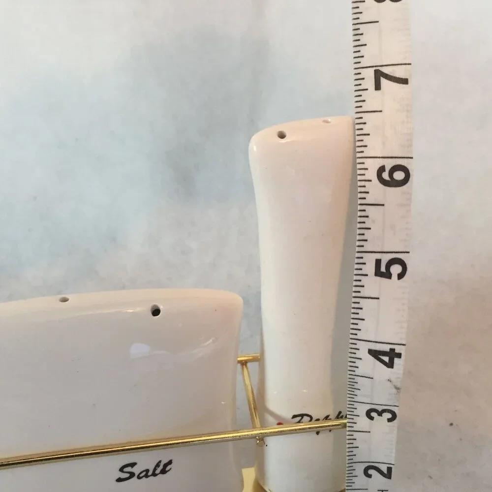 VTG MCM Ceramic Salt & Pepper Shakers With Gold Metal Stand Japan